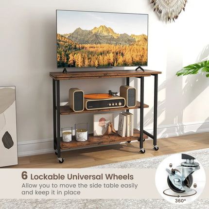 360Â° Rotating Sofa Side Table with 2-Tier Storage Shelves-Rustic Brown Costway