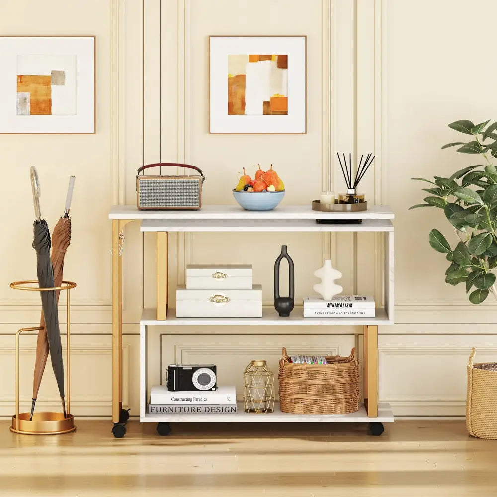 360Â° Rotating Sofa Side Table with Storage Bookcase and Hooks for Living Room-White - White - End & Side Tables