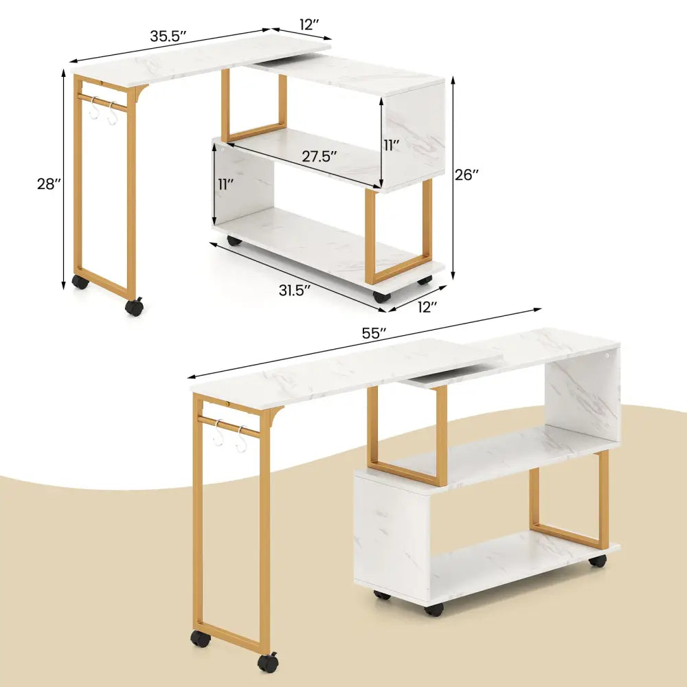 360Â° Rotating Sofa Side Table with Storage Bookcase and Hooks for Living Room-White - White - End & Side Tables