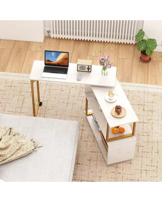 360Â° Rotating Sofa Side Table with Storage Bookcase and Hooks for Living Room-White - White - End & Side Tables