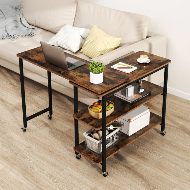 360Â° Rotating Sofa Side Table with Storage Shelves and Wheels-Rustic Brown Costway
