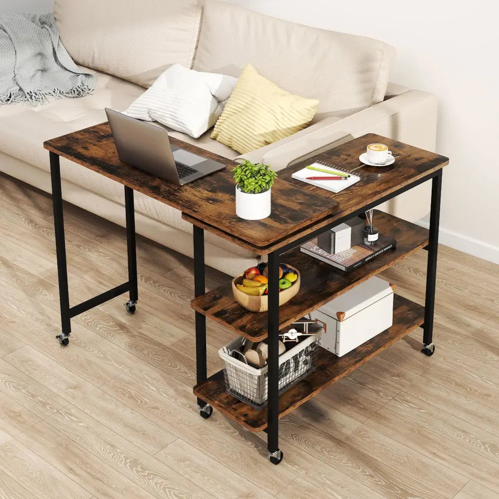 360Â° Rotating Sofa Side Table with Storage Shelves and Wheels-Rustic Brown Costway