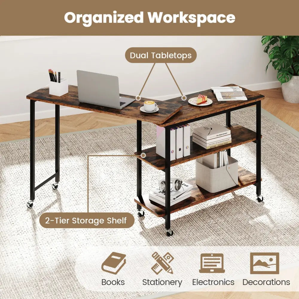 360Â° Rotating Sofa Side Table with Storage Shelves and Wheels-Rustic Brown Costway