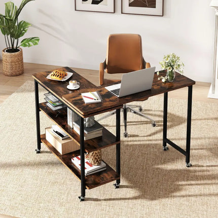 360Â° Rotating Sofa Side Table with Storage Shelves and Wheels-Rustic Brown Costway
