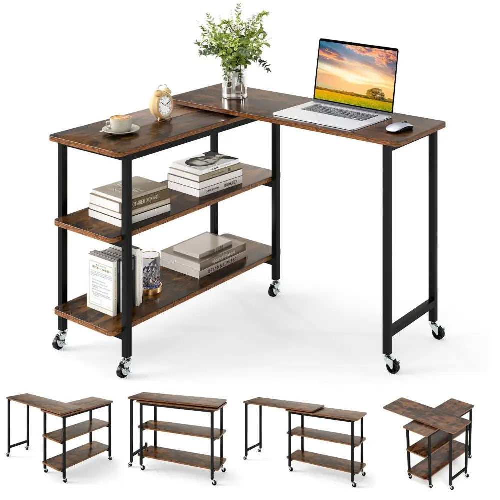 360Â° Rotating Sofa Side Table with Storage Shelves and Wheels-Rustic Brown Costway