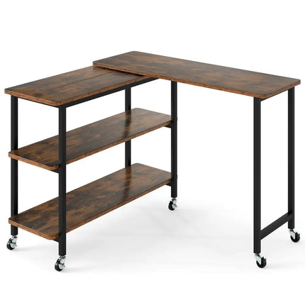 360Â° Rotating Sofa Side Table with Storage Shelves and Wheels-Rustic Brown Costway