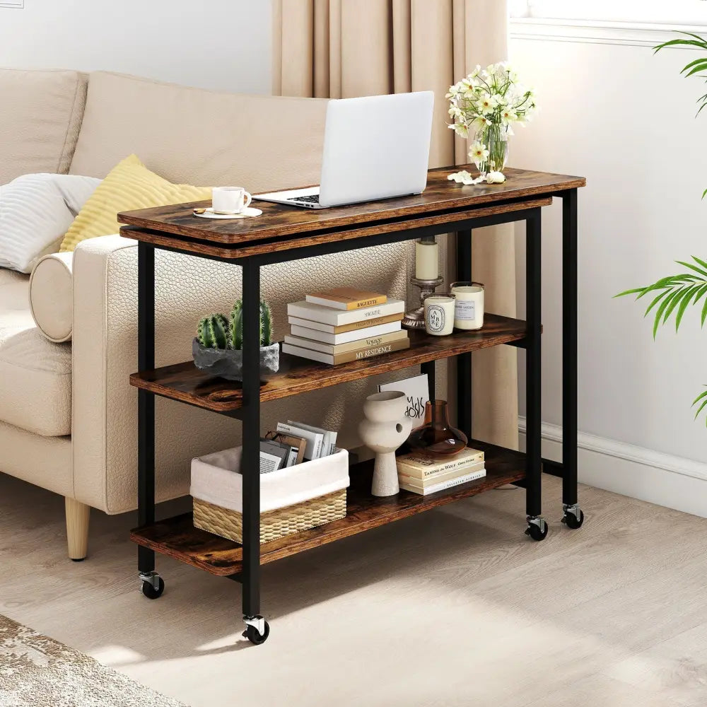 360Â° Rotating Sofa Side Table with Storage Shelves and Wheels-Rustic Brown Costway