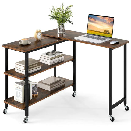 360Â° Rotating Sofa Side Table with Storage Shelves and Wheels-Rustic Brown Costway