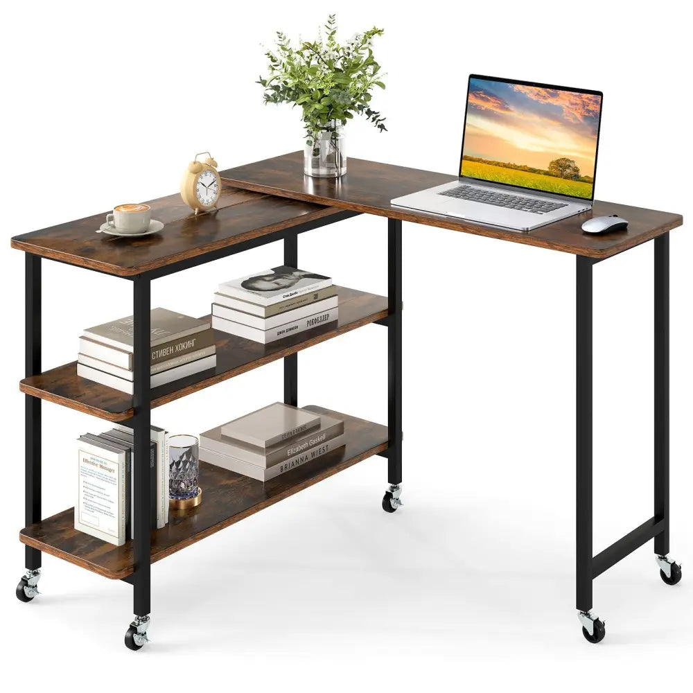 360Â° Rotating Sofa Side Table with Storage Shelves and Wheels-Rustic Brown Costway