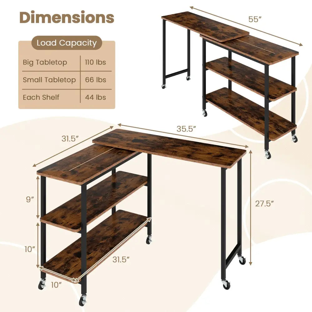 360Â° Rotating Sofa Side Table with Storage Shelves and Wheels-Rustic Brown Costway