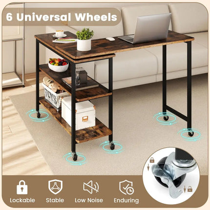 360Â° Rotating Sofa Side Table with Storage Shelves and Wheels-Rustic Brown Costway