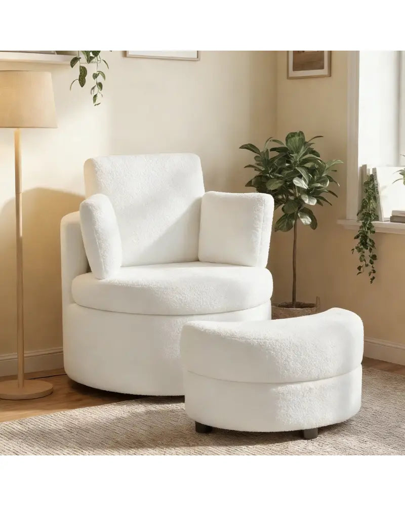 360Â° Swivel Accent Chair with Half Moon Storage Ottoman-White - White - Accent Chairs