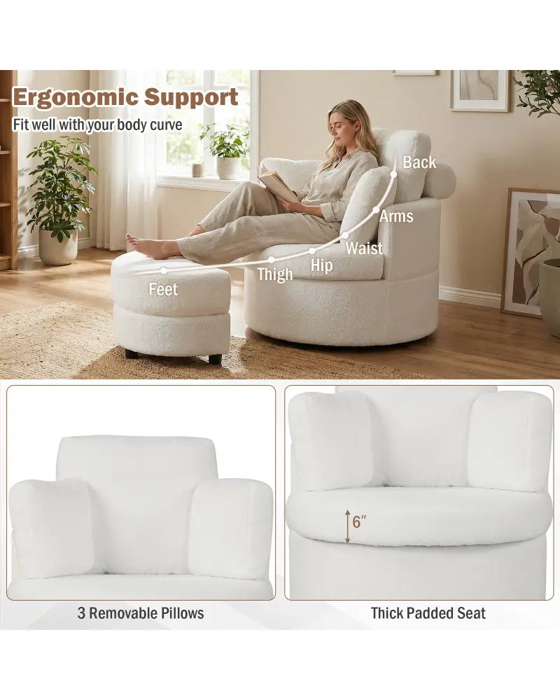 360Â° Swivel Accent Chair with Half Moon Storage Ottoman-White - White - Accent Chairs