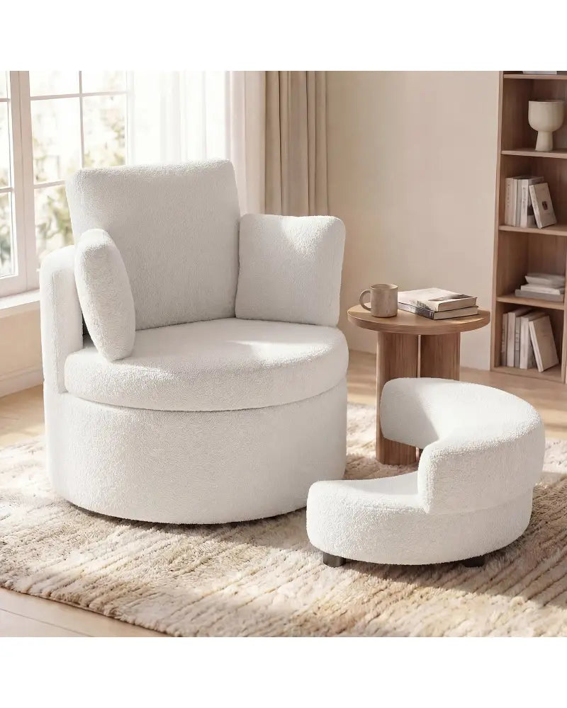 360Â° Swivel Accent Chair with Half Moon Storage Ottoman-White - White - Accent Chairs