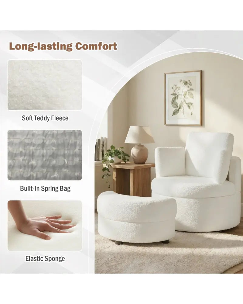 360Â° Swivel Accent Chair with Half Moon Storage Ottoman-White - White - Accent Chairs