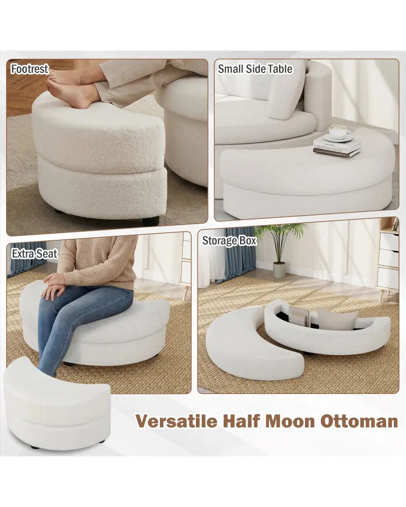 360Â° Swivel Accent Chair with Half Moon Storage Ottoman-White - White - Accent Chairs