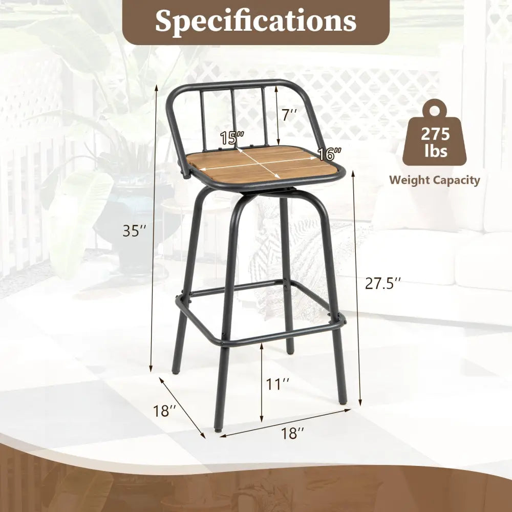 360Â° Swivel Bar Stool Set of 2 with Footrest and Backrest-Balck & Natural Costway