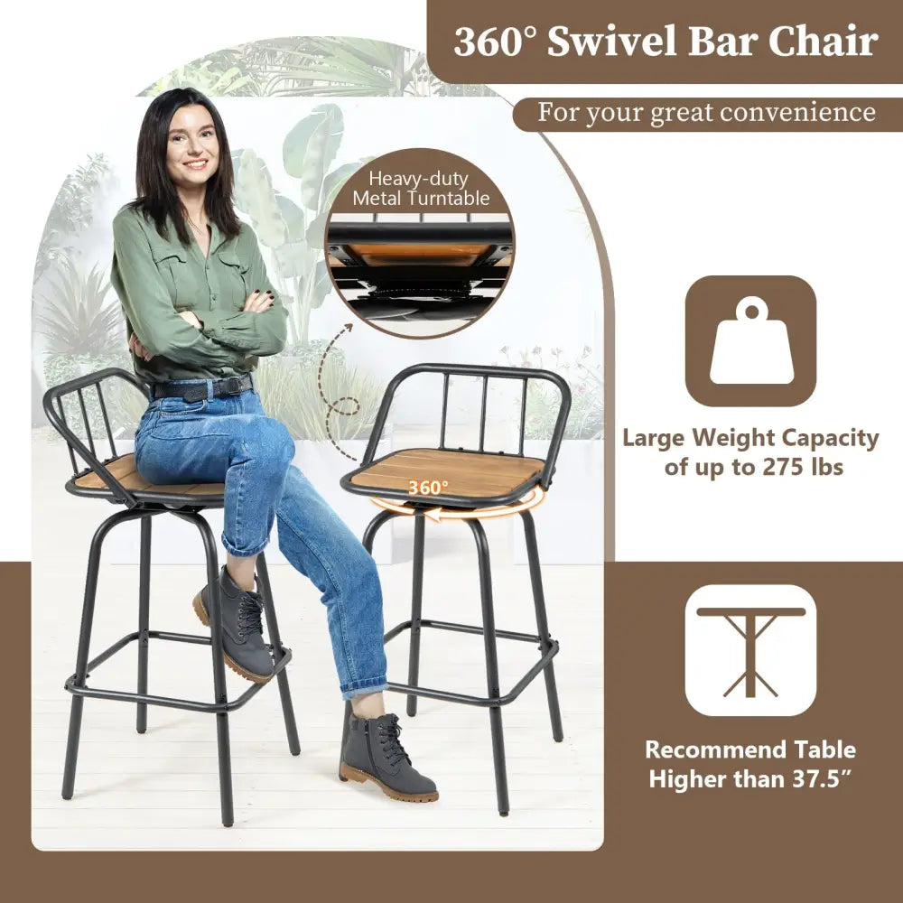 360Â° Swivel Bar Stool Set of 2 with Footrest and Backrest-Balck & Natural Costway