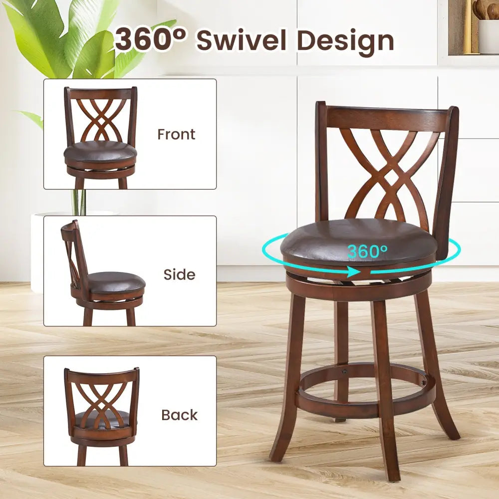 360Â° Swivel Counter Height Chairs with PU Leather Cushioned Seat and Footrests-26 inches Costway