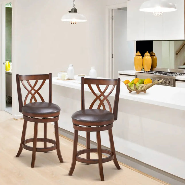 360Â° Swivel Counter Height Chairs with PU Leather Cushioned Seat and Footrests-26 inches Costway
