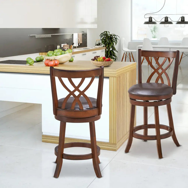 360Â° Swivel Counter Height Chairs with PU Leather Cushioned Seat and Footrests-26 inches Costway