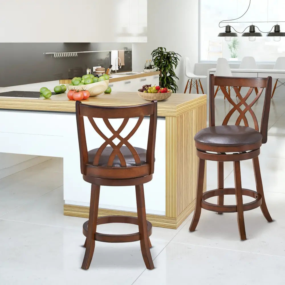 360Â° Swivel Counter Height Chairs with PU Leather Cushioned Seat and Footrests-26 inches Costway