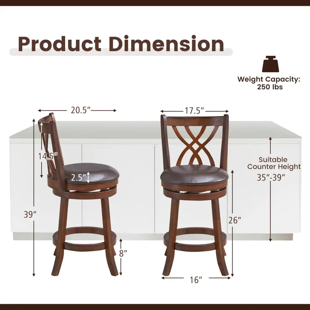360Â° Swivel Counter Height Chairs with PU Leather Cushioned Seat and Footrests-26 inches Costway