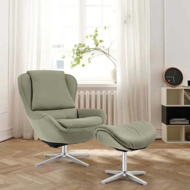 360Â° Swivel Leather Lounge Chair with Ottoman and Aluminum Alloy Base-Gray - Gray - Accent Chairs