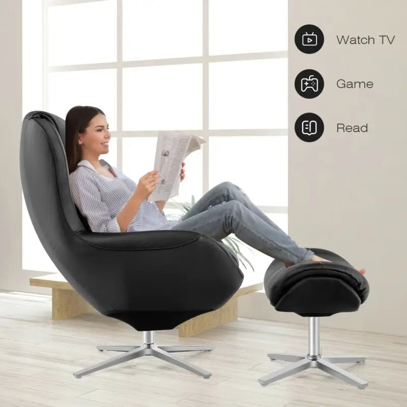 360Â° Swivel Leather Lounge Chair with Ottoman and Aluminum Alloy Base-Black - Black - Accent Chairs