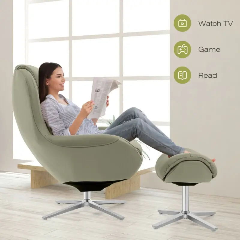 360Â° Swivel Leather Lounge Chair with Ottoman and Aluminum Alloy Base-Gray - Gray - Accent Chairs
