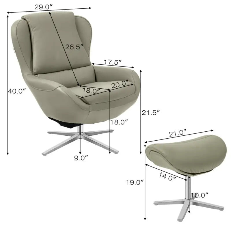 360Â° Swivel Leather Lounge Chair with Ottoman and Aluminum Alloy Base-Gray - Gray - Accent Chairs