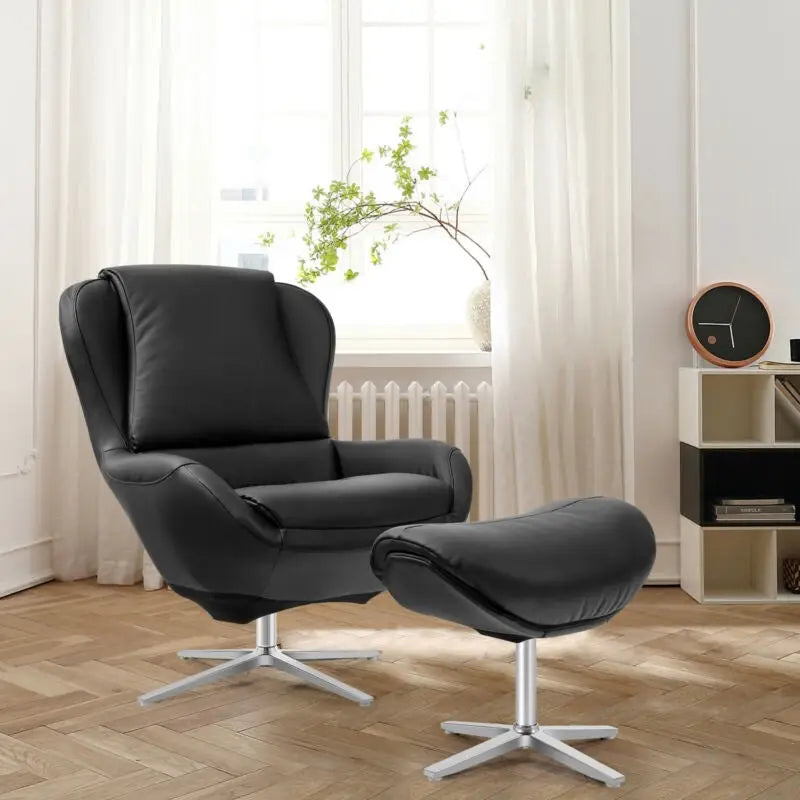 360Â° Swivel Leather Lounge Chair with Ottoman and Aluminum Alloy Base-Black - Black - Accent Chairs