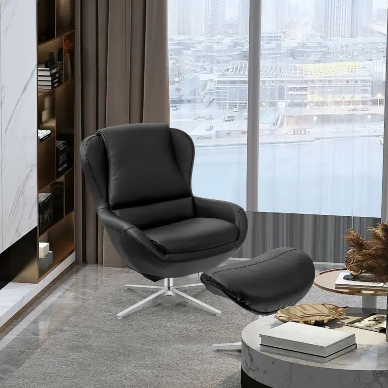 360Â° Swivel Leather Lounge Chair with Ottoman and Aluminum Alloy Base-Black - Black - Accent Chairs