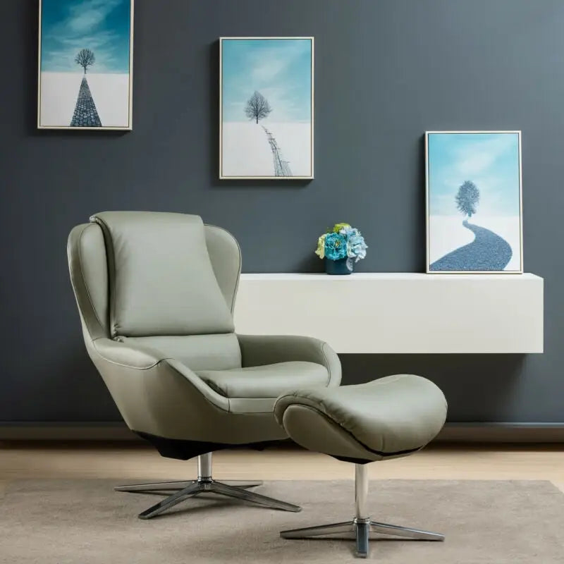 360Â° Swivel Leather Lounge Chair with Ottoman and Aluminum Alloy Base-Gray - Gray - Accent Chairs