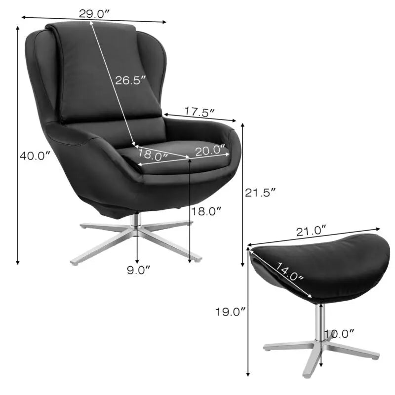 360Â° Swivel Leather Lounge Chair with Ottoman and Aluminum Alloy Base-Black - Black - Accent Chairs