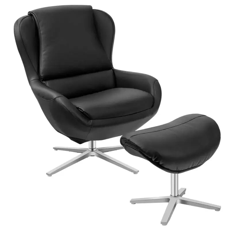 360Â° Swivel Leather Lounge Chair with Ottoman and Aluminum Alloy Base-Black - Black - Accent Chairs