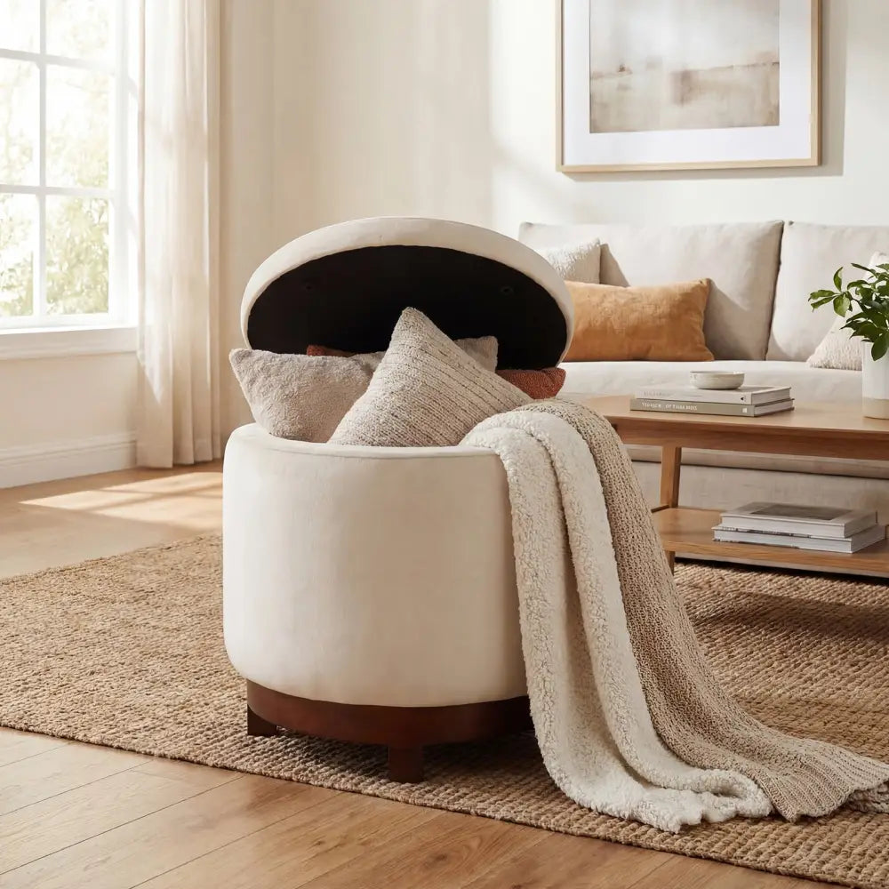 360Â° Swivel Velvet Foot Rest with Hidden Storage for Living Room-Beige - White - Ottomans
