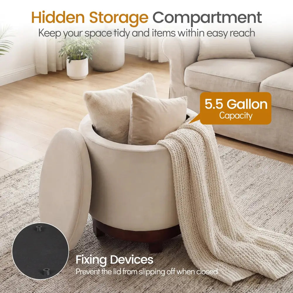 360Â° Swivel Velvet Foot Rest with Hidden Storage for Living Room-Beige - White - Ottomans