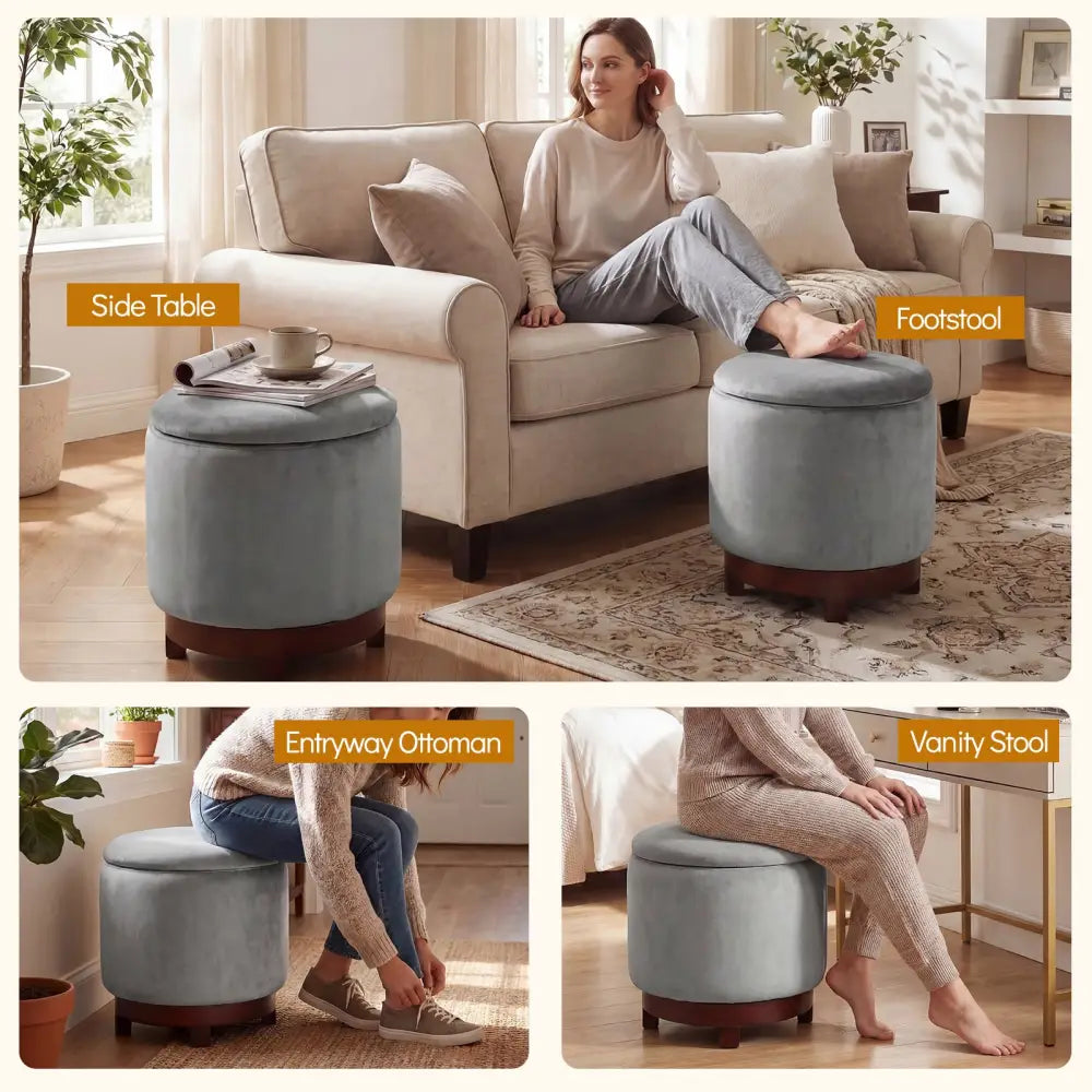 360Â° Swivel Velvet Foot Rest with Hidden Storage for Living Room-Gray - Gray - Ottomans