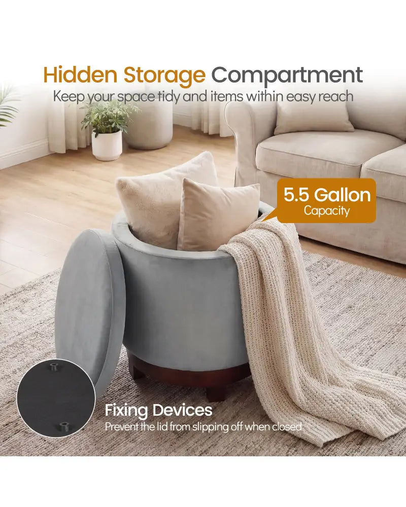 360Â° Swivel Velvet Foot Rest with Hidden Storage for Living Room-Gray - Gray - Ottomans