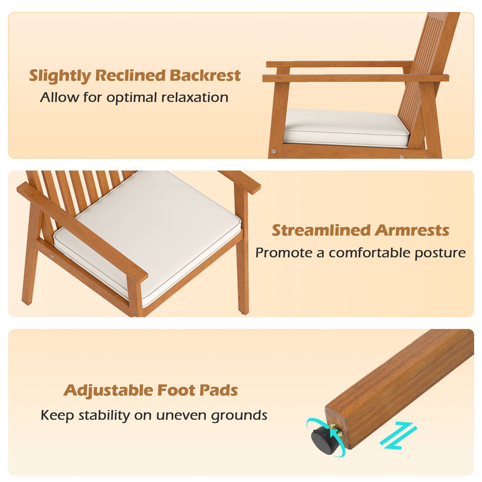 2 Pieces Patio Dining Chairs Outdoor Acacia Wood Chairs with Removable Padded Cushion-Natural
