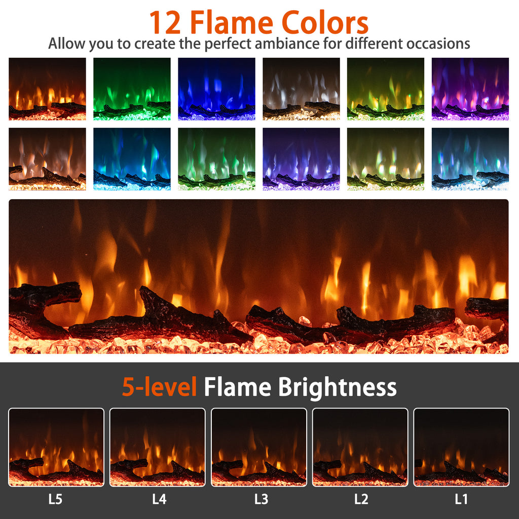 36/40/50/60 Inch Wide 3-Sided Electric Fireplace Insert with Remote Control and 12 Flame Colors-36 Inch
