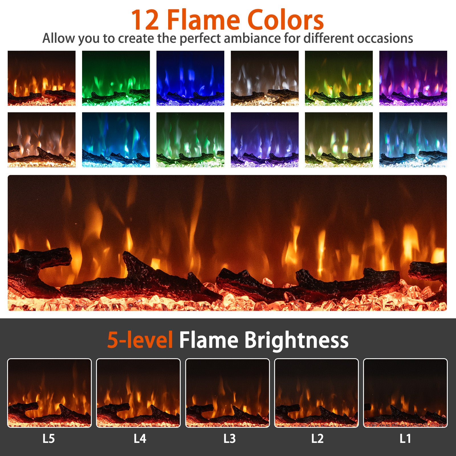36/40/50/60 Inch Wide 3-Sided Electric Fireplace Insert with Remote Control and 12 Flame Colors-36 Inch