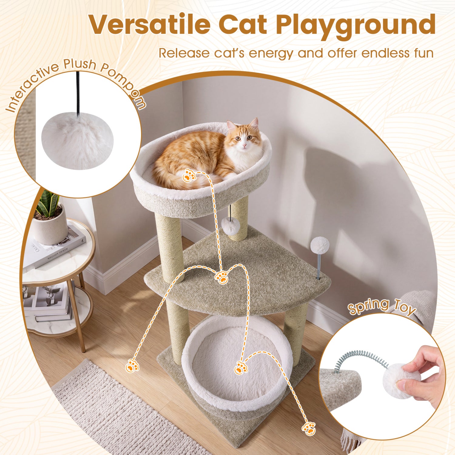 36" Carpeted Cat Tree with Plush Perches  Scratching Posts and Dangling Ball