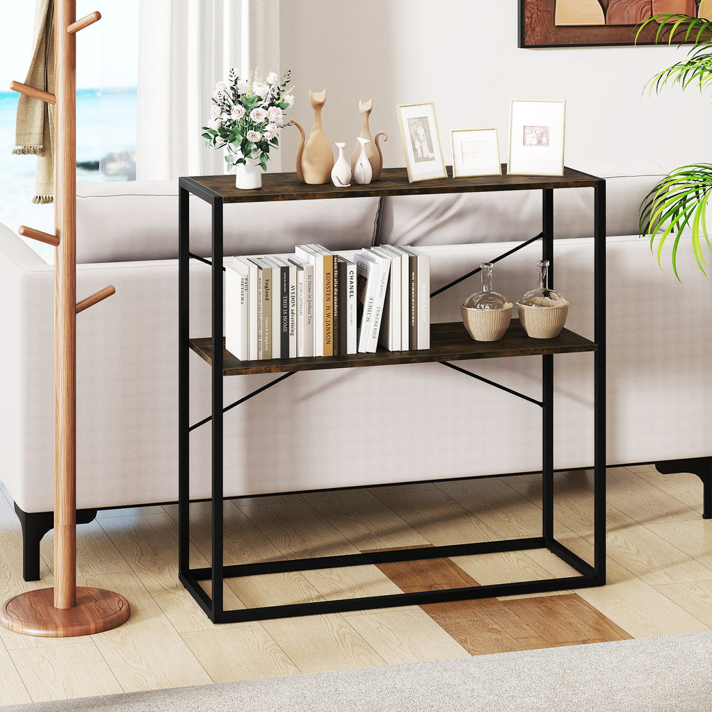 36" Console Table 2-Tier Entryway Table with Wooden Open Shelves and Metal Frame-Rustic Brown