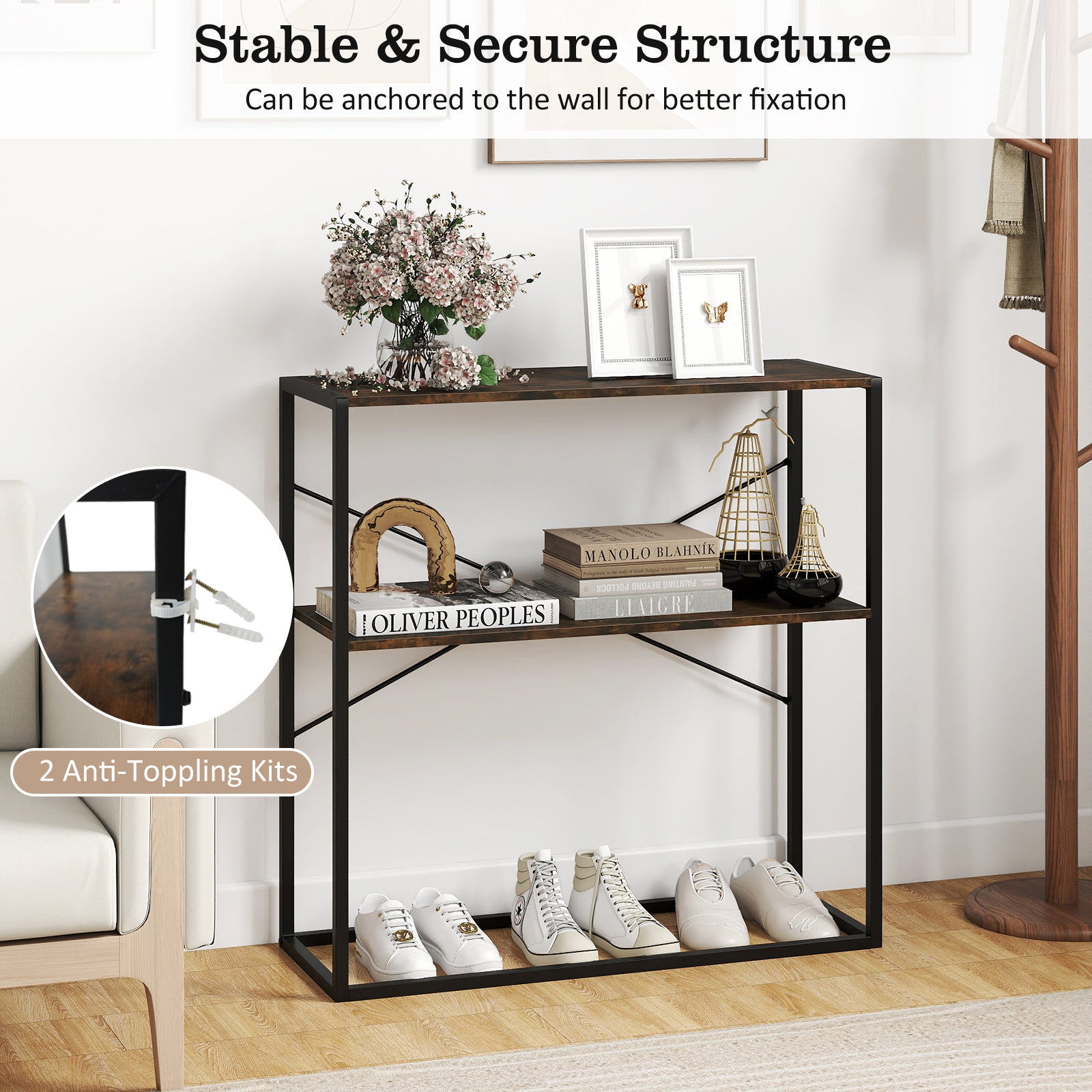 36" Console Table 2-Tier Entryway Table with Wooden Open Shelves and Metal Frame-Rustic Brown