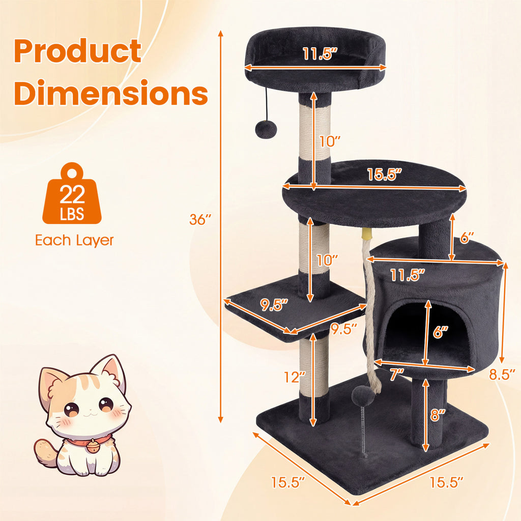 36 Inch Tall Kitten Tower with Condo and Plush Perch-Dark Gray