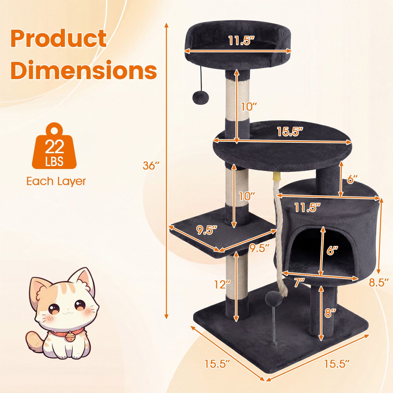 36 Inch Tall Kitten Tower with Condo and Plush Perch-Dark Gray