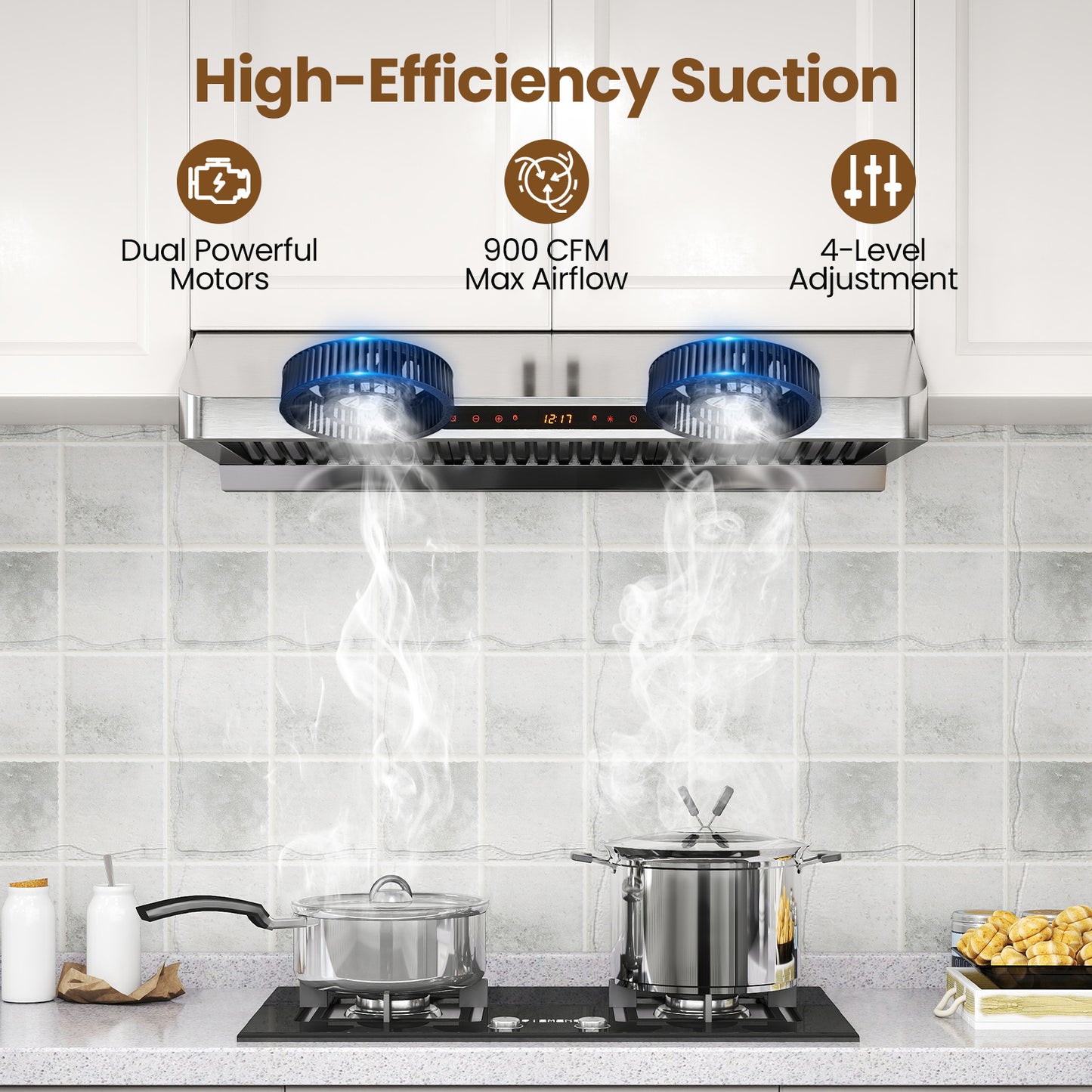 36 Inch Under Cabinet Range Hood 900 CFM Kitchen Stove Vent with Oil Collector-Silver