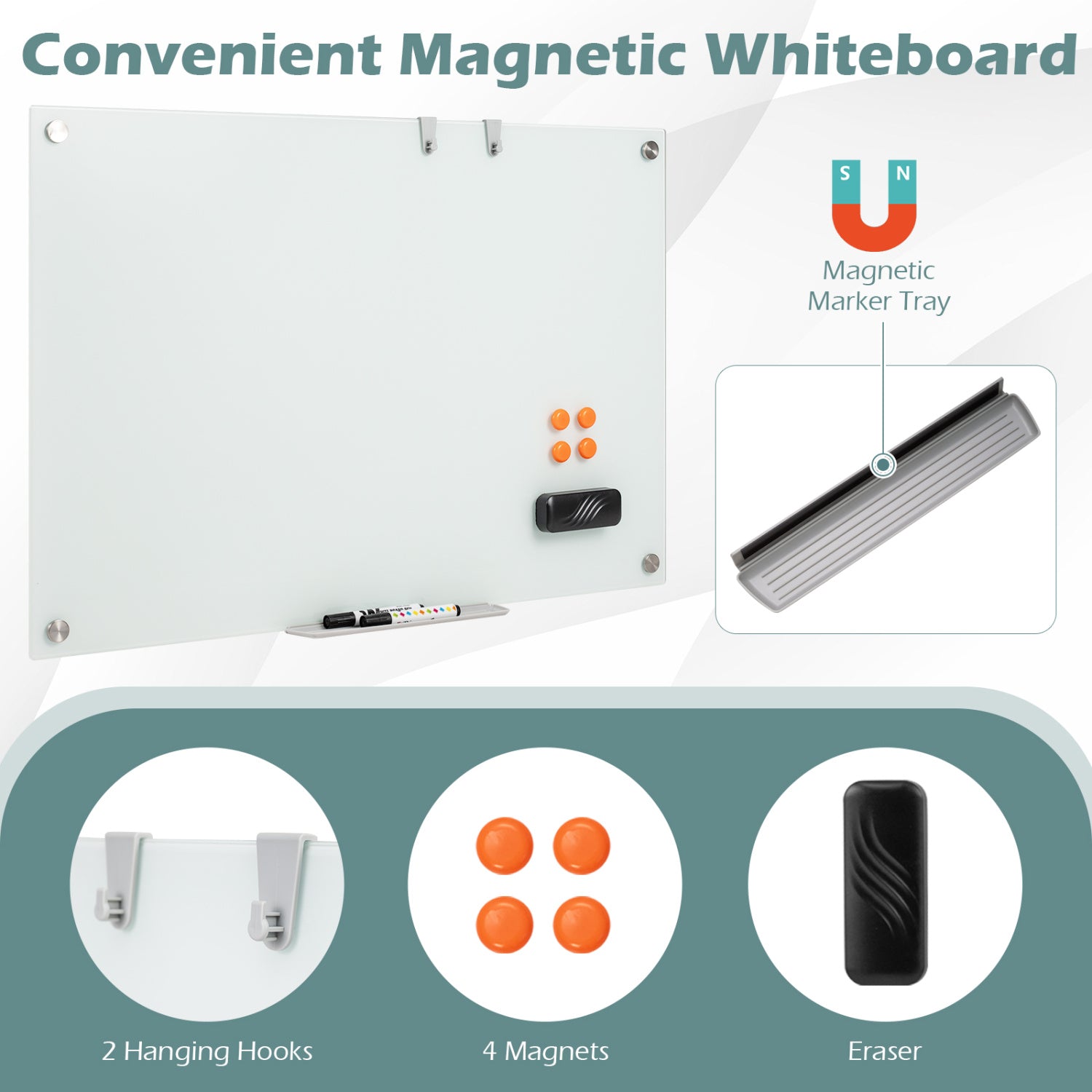 36 x 24 Inches Glass Whiteboard with Eraser and Removable Tray
